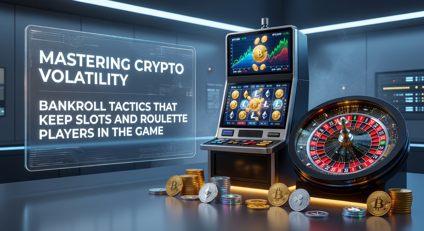 Grafik zeigt schwankende Kryptowährungskurse neben einem Roulette-Tisch und Slot-Maschinen, die die Volatilität im Gambling-Kontext visualisieren