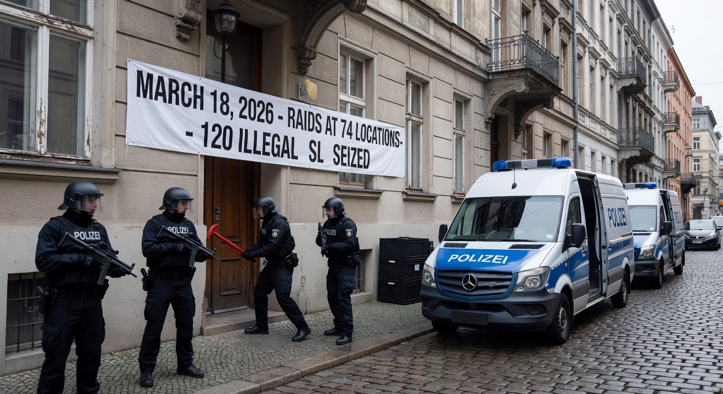 Beschlagnahmte illegale Slot-Maschinen aus der Berliner Razzia, gestapelt in einem Lagerraum mit Polizeisiegel