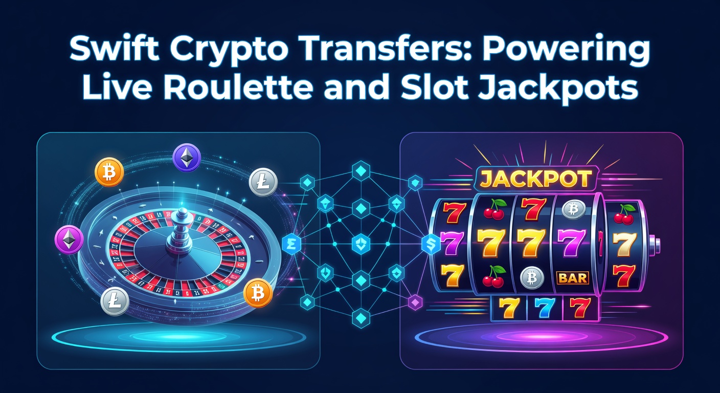 Digitale Wallets und Blockchain-Animation, die ultraschnelle Transaktionen in einem Casino-Setting darstellen, mit Roulette-Tisch und Slot-Maschinen im Hintergrund