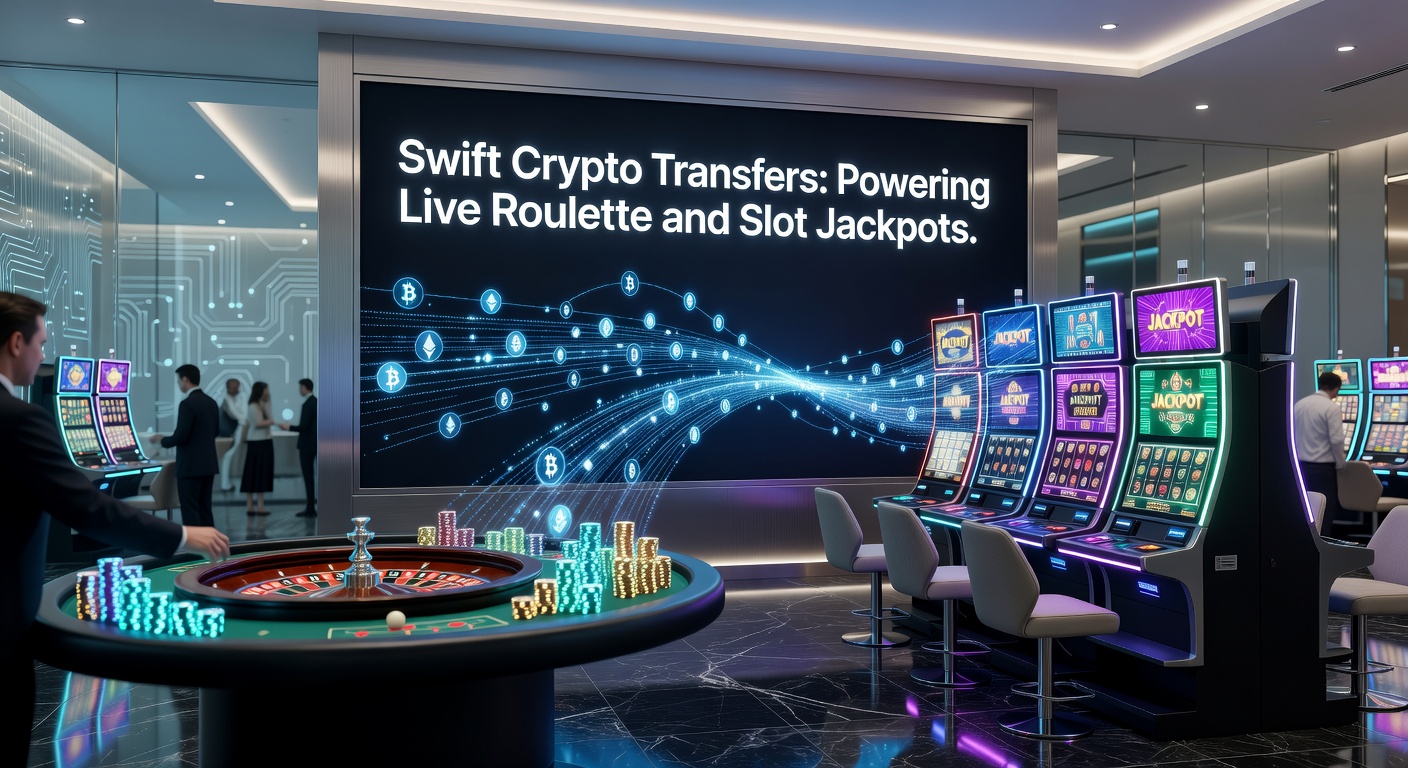 Dynamische Grafik eines Slot-Jackpots, der durch schnelle Blockchain-Transfers in die Höhe schießt, mit Live-Roulette-Elementen und Krypto-Symbolen
